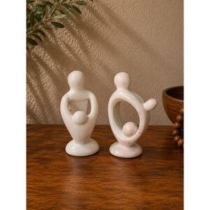 Set of 2 Soapstone Abstract Mother Child Sculpture Natural Stone Cream Decor